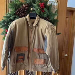 VINTAGE BOMBER JACKET— KAKKI TAN DISTRESSED LEATHER WWII ACCENTS SIZE MEDIUM